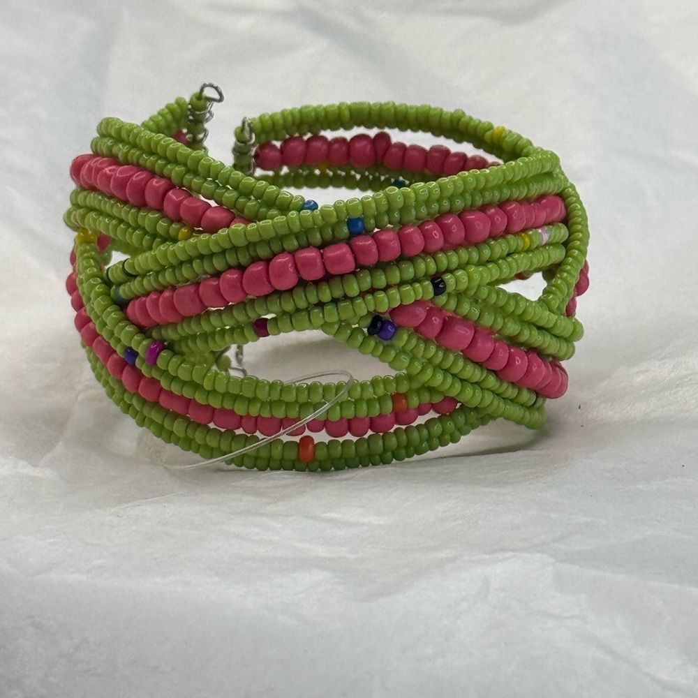 Green Pink Multicolored Artisanal Beaded Bracelet